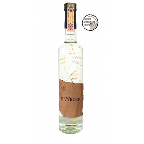 Darčeková fľaša - vodka (borovička) so zlatom Drevená - K výročiu - Darčekové fľaše