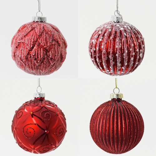 Guľa sklo červená mix 4 druhy 8cm - Vianočné dekorácie a ozdoby