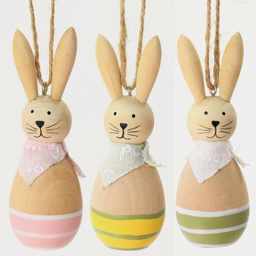 Drevený závesný zajac: Farebný mix 5x13 cm