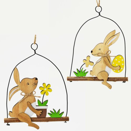 Drevený zajac na hojdačke: Hravá dekorácia 10x14 cm