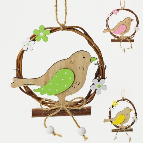 Drevený vtáčik na pníku: Závesná dekorácia 10 cm