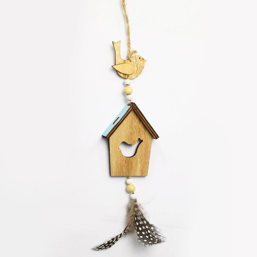 Závesná búdka s pierkom: Modrý štýlový doplnok