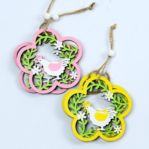 Kvet záves so sliepkou drevo s/2 mix f 9x8.8cm s/2