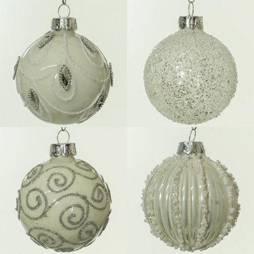 Guľa sklo mix 4 druhy 6cm biel/strieb bal:4ks