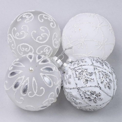 Guľa sklo mix 4 druhy 8cm biela bal.4ks