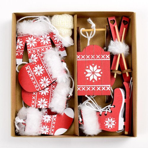 Záves vianočný mix drevo červený 16x16x3cm