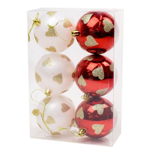 Vianočné guličky vzor červ.biele plast  s/6 8cm