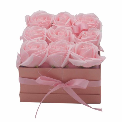Darčekový box z mydlový kvetov - 9 Ružových Ruží - Štvorec