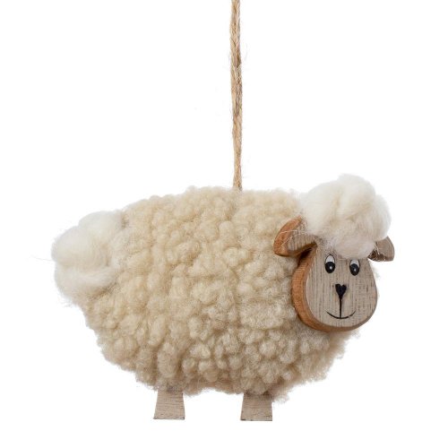 Záves ovečka béž kožúšok bie/hn drevo 12*3,5*18cm