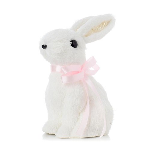 Zajac biely sediaci s ružovou stužkou priadza 14*12*19cm - Veľkonočné ozdoby