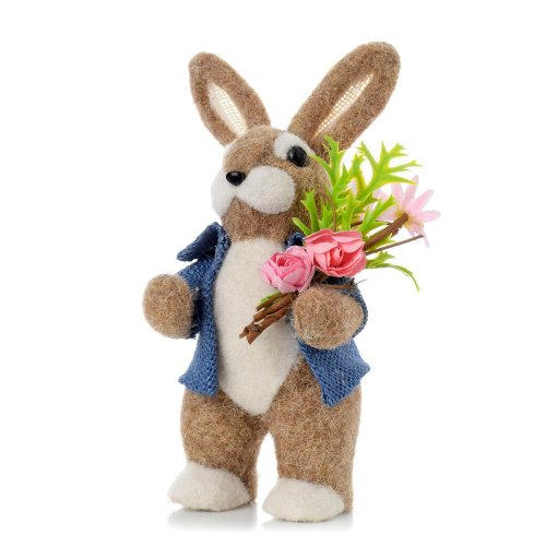 Zajac hne v modrom  kabátiku s kytičkou priadza 11*11*25cm - Veľkonočné ozdoby