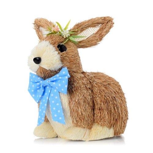 Zajac sediaci hnedý s modrou mašlou a venčekom slama 14*12*16cm