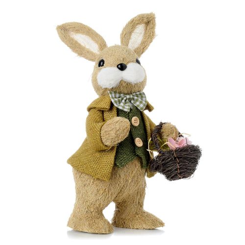 Zajac stojaci zel/žlt oblečenie košík s kvetmi, priadza 14*18*32cm