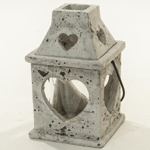Cement dekorácia lampáš srdce+sklo antiq.grey  15x15xh16cm