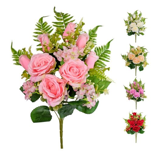 Kytica ruža+papraď 5f 55cm - Umelé kvety