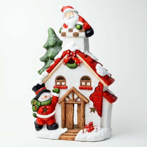 Svietnik dom so santom a snehuliakom mgo 39*18*57cm - Vianočné dekorácie