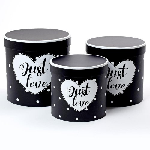 Darčeková krabička valec čierna+srdce s/3 19x19cm