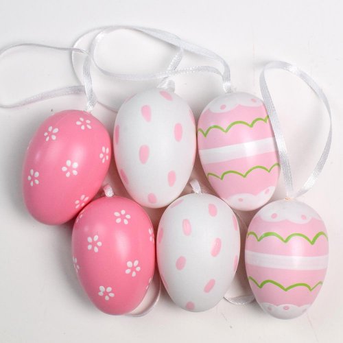 Záves vajce plast s/6 6cm ružová/biela - Veľkonočné vajíčka
