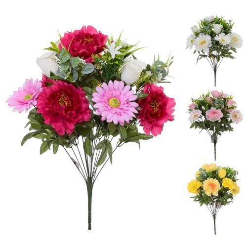 Kytica ruža,gerbera,pivonka, zeleň mix 4f 57cm