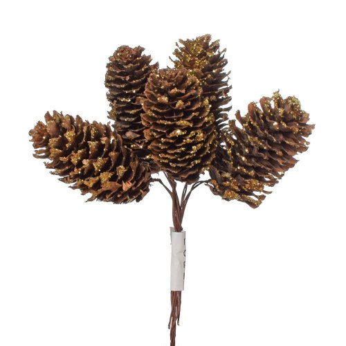 Zápich šišky hne/zlaté gliter /6 13cm