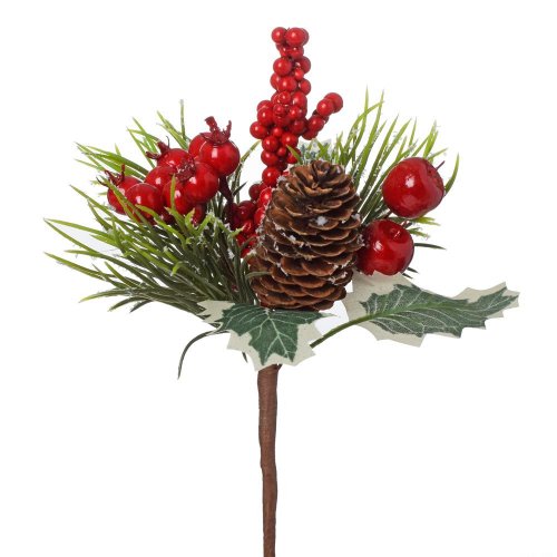 Zápich čečina, ilex, šišky, čer. šípky, jabĺčka 22cm - Umelé kvety