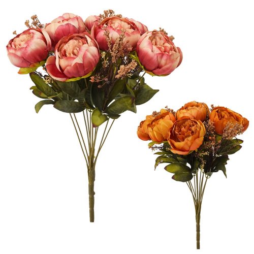 Kytica pivonka oranž/béž-čer melír, zeleň mix/2f 38cm