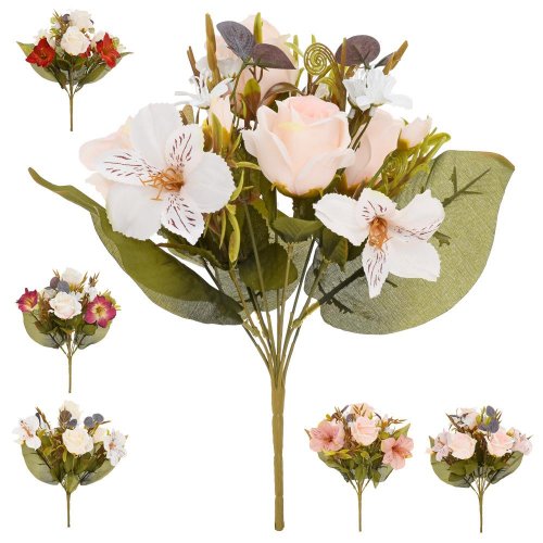Kytica ruža, alstromeria, drob. kvety, zeleň 6f 36cm - Umelé kvety