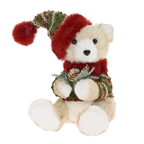 Medveď sediaci krém, čiapka,sveter, polyst/textil 16*15*27cm