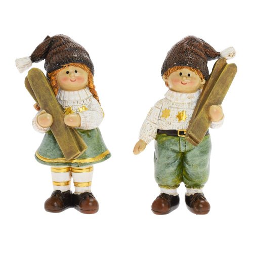 Chlapec, dievča s lyžami hne/zel mix/2 poly 5*3,5*10,5cm - Vianočné dekorácie a ozdoby