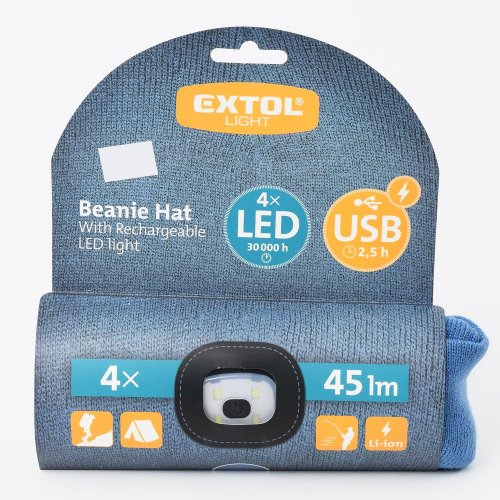 Pevnácenačiapka s čel., modrá 4x led,45lm, 300amh usb nabíjanie