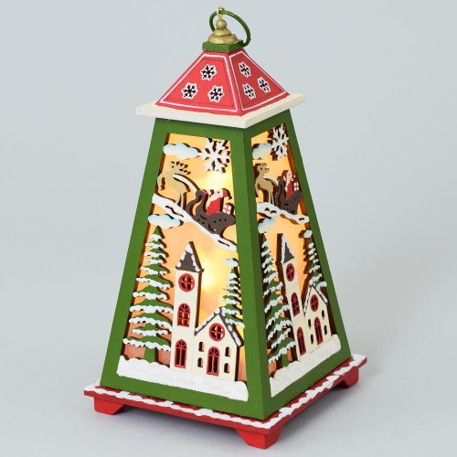 Drev.lampáš zelený+santa 14x14x27,5cm - Vianočné dekorácie