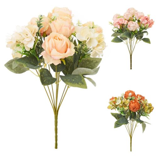 Kytica ruža, hydrangea, drob.kvety, zeleň mix/3f 40cm