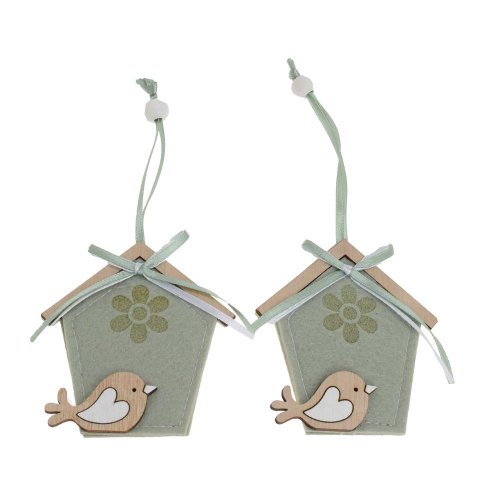 Záves domček textil s/2 7,7x8,5cm zelený