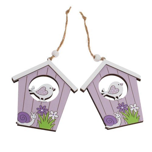 Záves domček s vtáčikom drevo s/2 9x10cm fialový