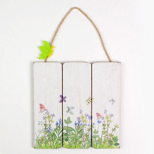 Záves tabuľka kvety  drevo 19,5x1x19cm biela