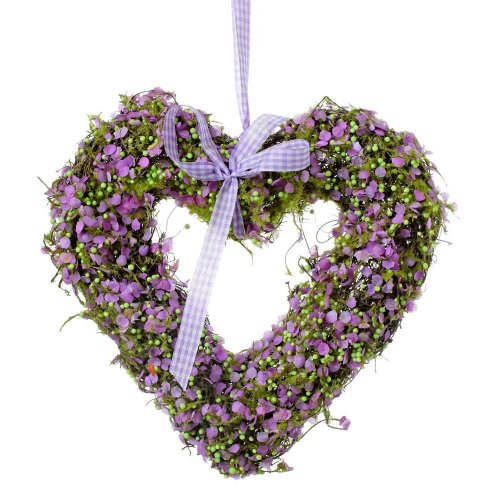 Srdce ratan/ mach zelený, fial. kvietky, mašla 21*21*4 - Veľkonočné ozdoby
