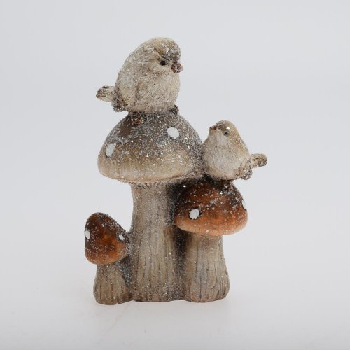 Hríbiky s vtáčikmi bie/or poly 10,5*6*15cm - Jesenné dekorácie