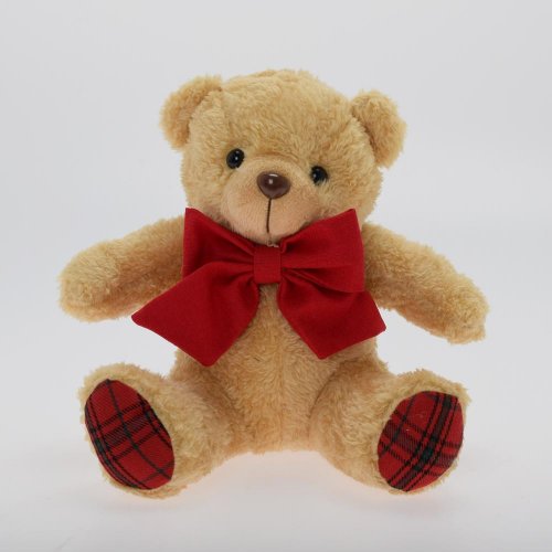 Medveď sediaci bl.hnedý, červená mašľa textil 20cm