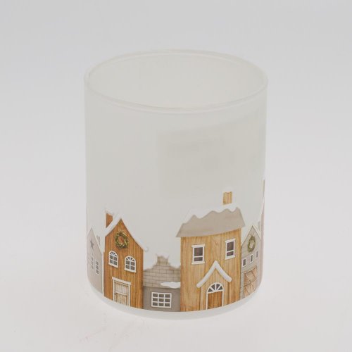 Svietnik krajinka bie/far sklo 8*8*10cm - Vianočné dekorácie a ozdoby