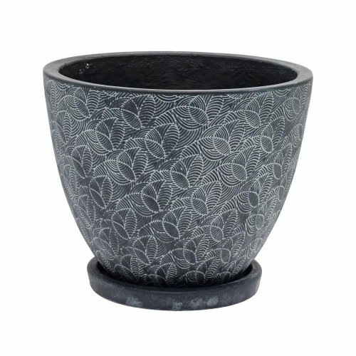 J83 kvetináč + miska okrúhly leaf čierna 44h36cm xl