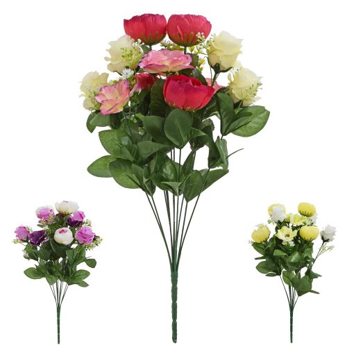 Kytica ruža ranun.anemone x12 mix 3f 48cm pur,cr/gr,cer