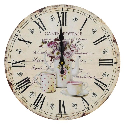 Hodiny nástenné mdf dia 34cm čajník s kvetmi