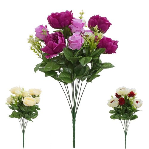 Kytica ruža pivonia x12 mix 3f 48cm cerise,red,cream