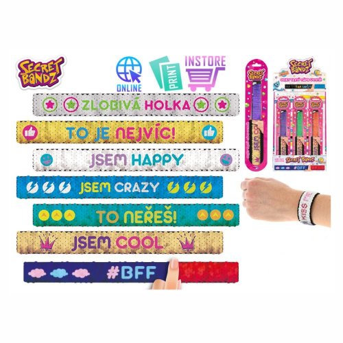 Náramok secret bandz 23cm s českým nápisom a flitrami na karte