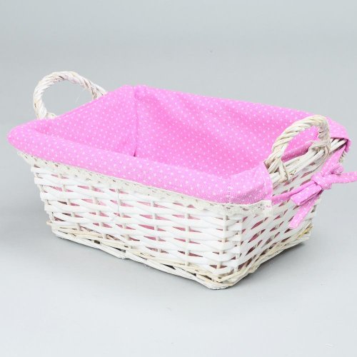 Prútený košík biely  ucho  vzor ruž.bodka 29x21x11cm