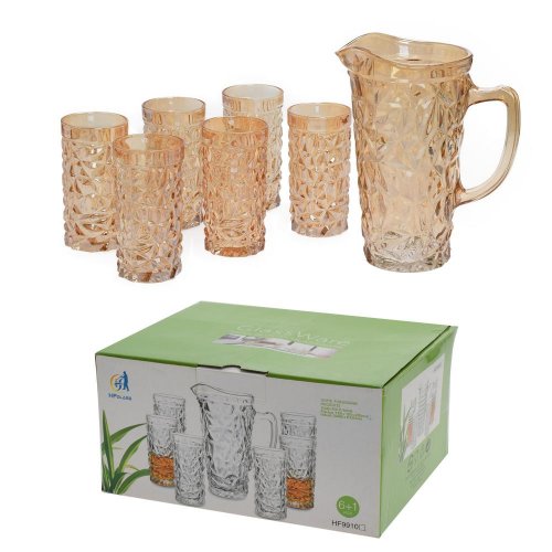 Džbán+poháre sklo s/7 12x23cm/7x13,5cm zlatý