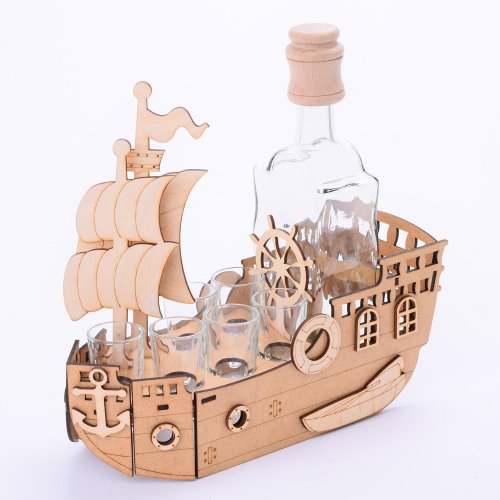 597 loď/poháre drevo+sklo 28x24x11cm