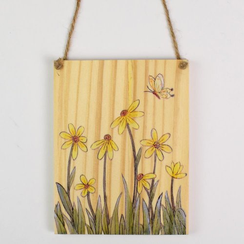 Záves tabuľka kvety drevo 13x10x1cm natur