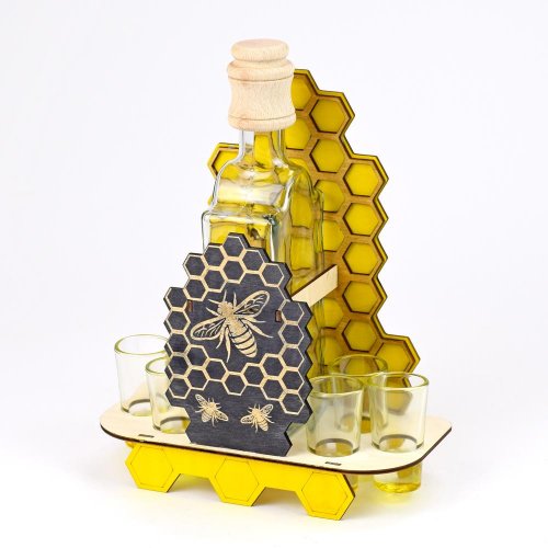 729 včelár/poháre drevo+sklo 22x29x11cm