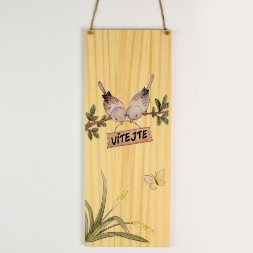 Záves tabuľka vtáky vítejte  drevo 30x12x1cm natur super cena